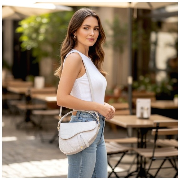 HDE Women's Saddle Shoulder Bag PU Leather Crossbody Purse - White Crocodile - Picture 1 of 13